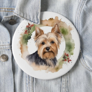 Yorkshire Terrier Christmas Wreath Festive Pup 6 Inch Round Button
