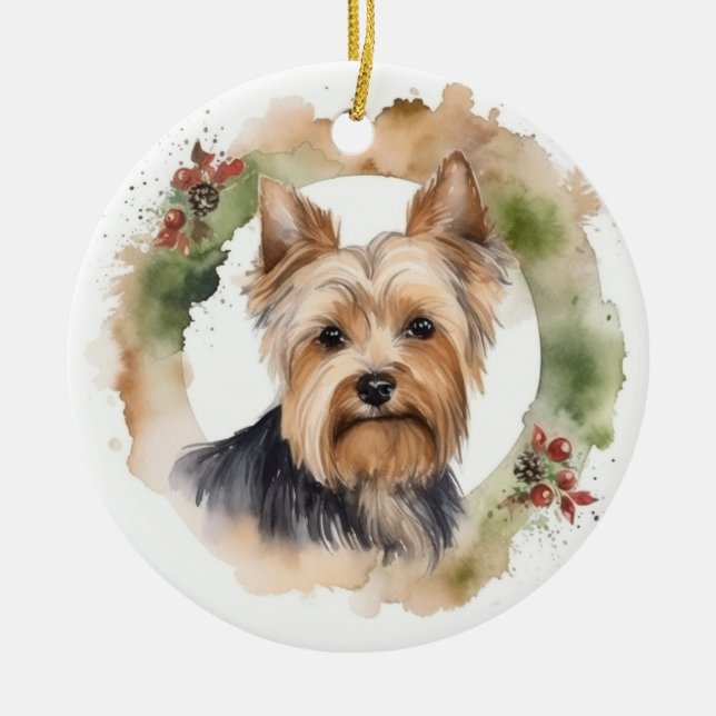 Yorkshire Terrier Christmas Wreath Festive Pup Ceramic Ornament (Front)