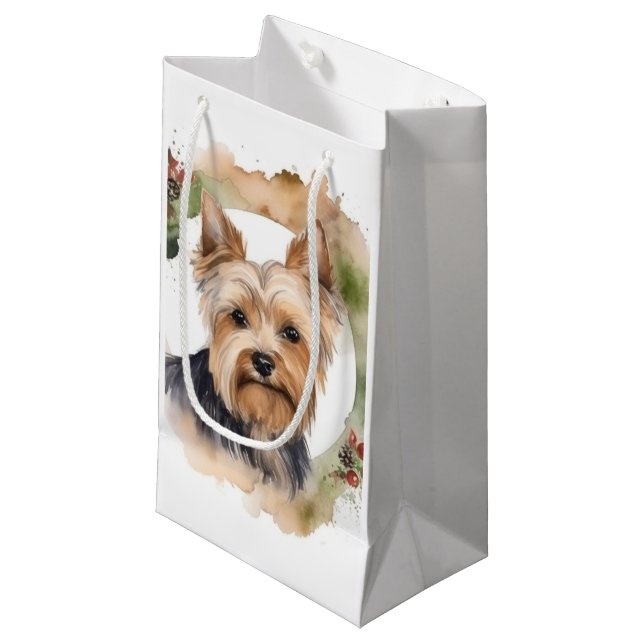 Yorkshire Terrier Christmas Wreath Festive Pup Small Gift Bag (Front Angled)