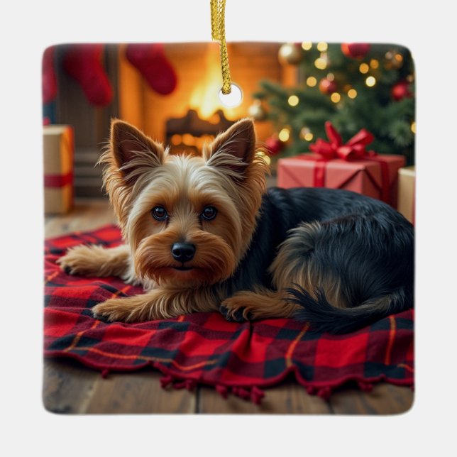 Yorkshire Terrier Cozy Christmas Evening Painting Ceramic Ornament (Front)