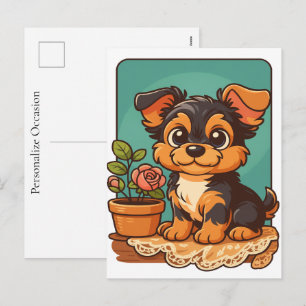 Yorkshire Terrier Cute Puppy Dog Cartoon Portrait  Holiday Postcard