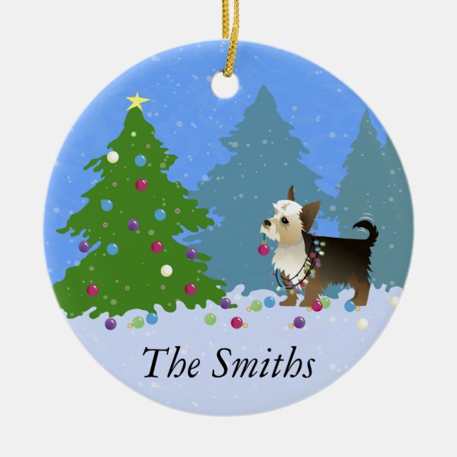 Yorkshire Terrier decorating Christmas Tree-forest Ceramic Ornament (Front)
