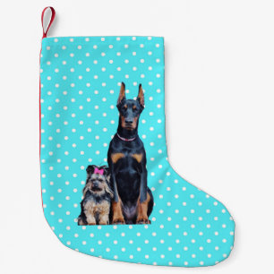 Yorkshire Terrier Doberman Blue Polka Dots Small Christmas Stocking