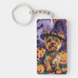 Yorkshire Terrier Dog Halloween Witch And Pumpkin  Keychain