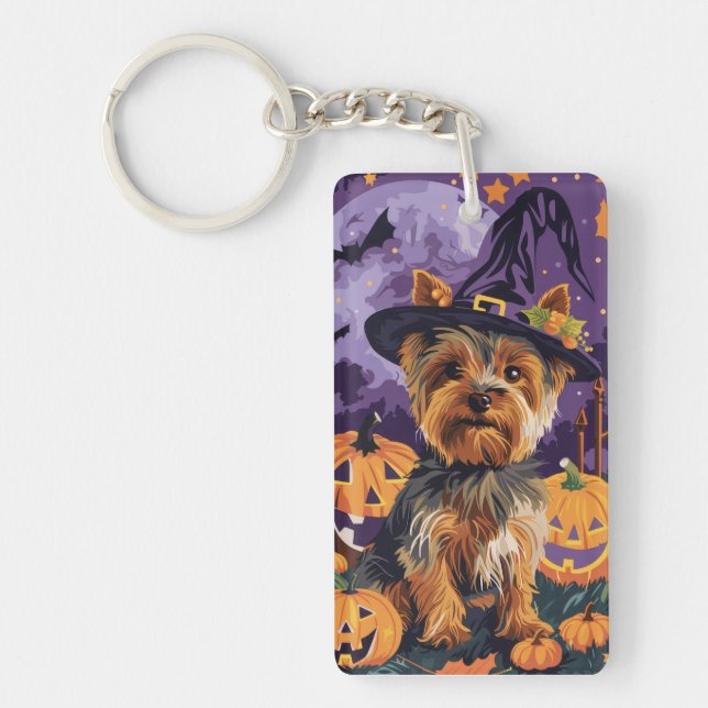 Yorkshire Terrier Dog Halloween Witch And Pumpkin  Keychain (Front)