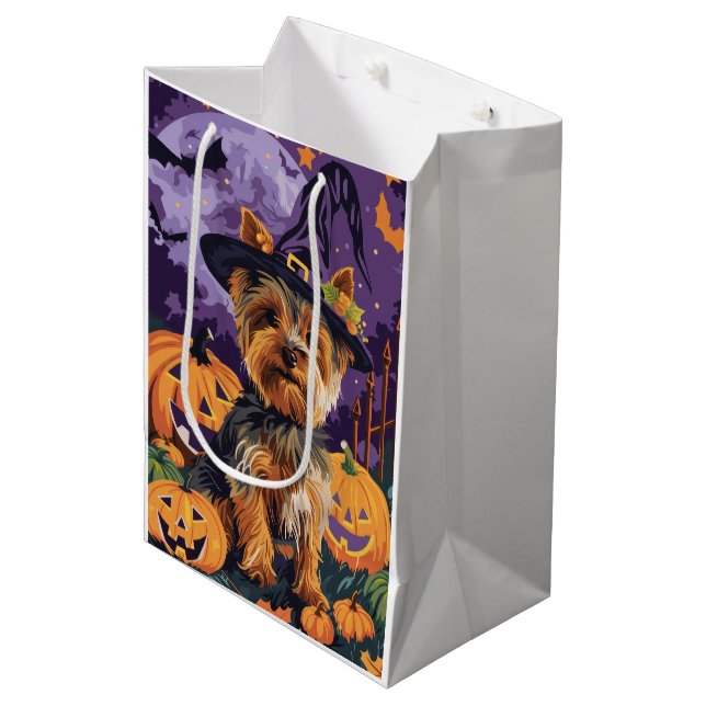 Yorkshire Terrier Dog Halloween Witch And Pumpkin  Medium Gift Bag (Front Angled)