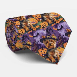 Yorkshire Terrier Dog Halloween Witch And Pumpkin  Tie