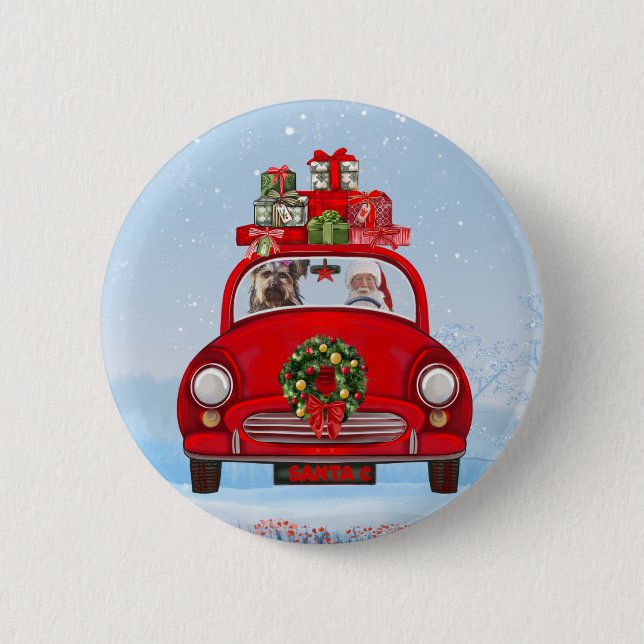 Yorkshire Terrier Dog In Car With Santa Claus  2 Inch Round Button (Front)