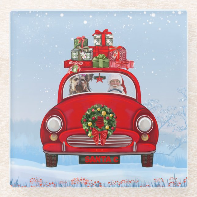 Yorkshire Terrier Dog In Car With Santa Claus  Glass Coaster (Front)