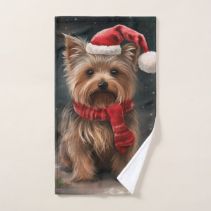 Yorkshire Terrier Dog in Snow Christmas Bath Towel Set