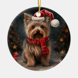 Yorkshire Terrier Dog in Snow Christmas Ceramic Ornament
