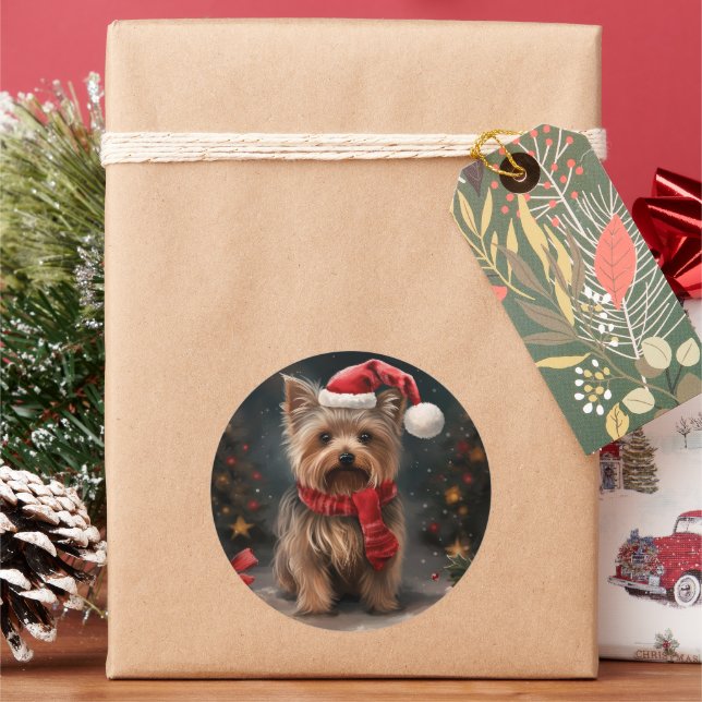 Yorkshire Terrier Dog in Snow Christmas Classic Round Sticker (Holiday)