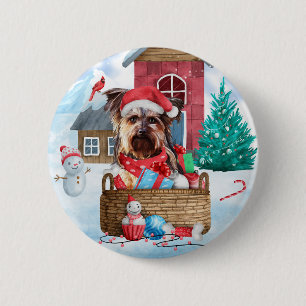 Yorkshire Terrier Dog In snow Christmas Dog House 2 Inch Round Button