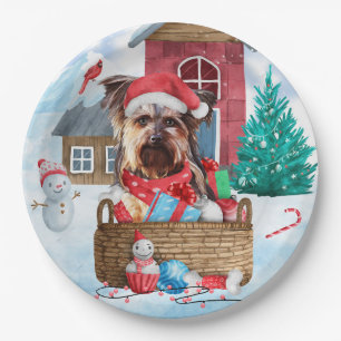 Yorkshire Terrier Dog In snow Christmas Dog House Paper Plate