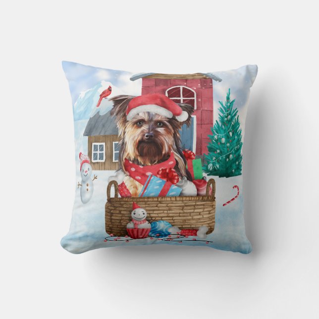 Yorkshire Terrier Dog In snow Christmas Dog House Throw Pillow (Front)