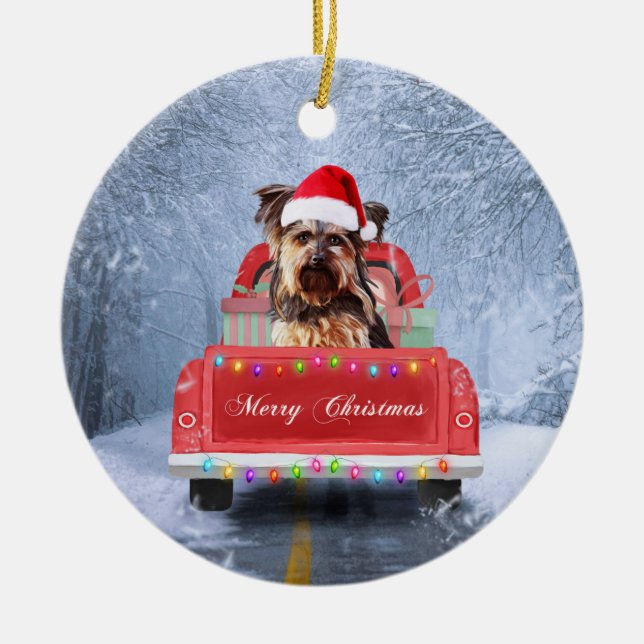 Yorkshire Terrier Dog in Snow sitting in Christmas Ceramic Ornament (Front)