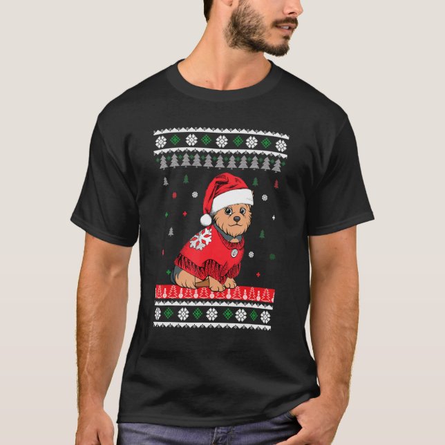 Yorkshire Terrier Dog Light Christmas Wearing Sant T-Shirt (Front)