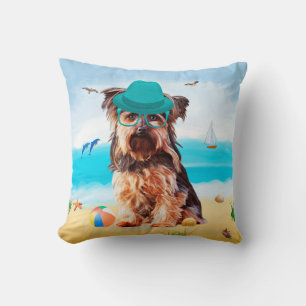 Yorkshire Terrier Dog on Beach  Throw Pillow