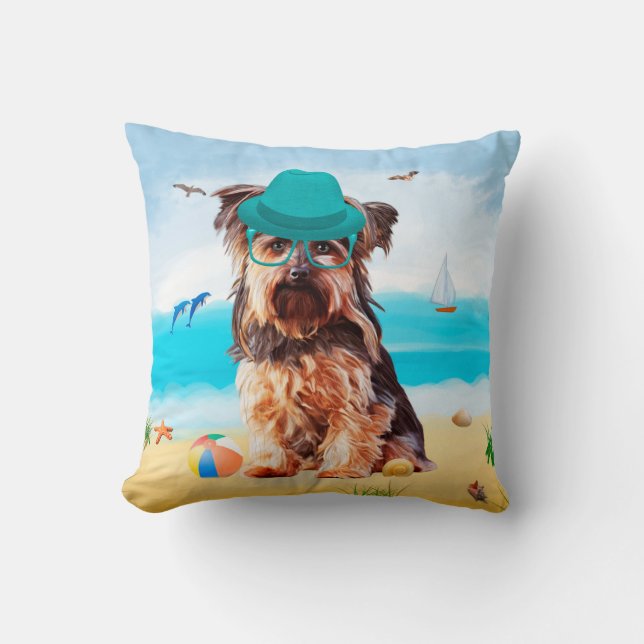 Yorkshire Terrier Dog on Beach  Throw Pillow (Front)