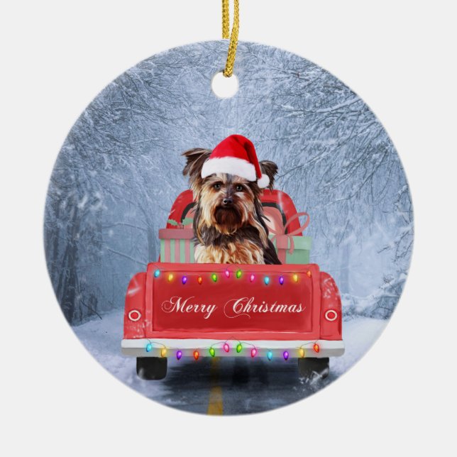  Yorkshire Terrier Dog Snow sitting in Christmas Ceramic Ornament (Front)