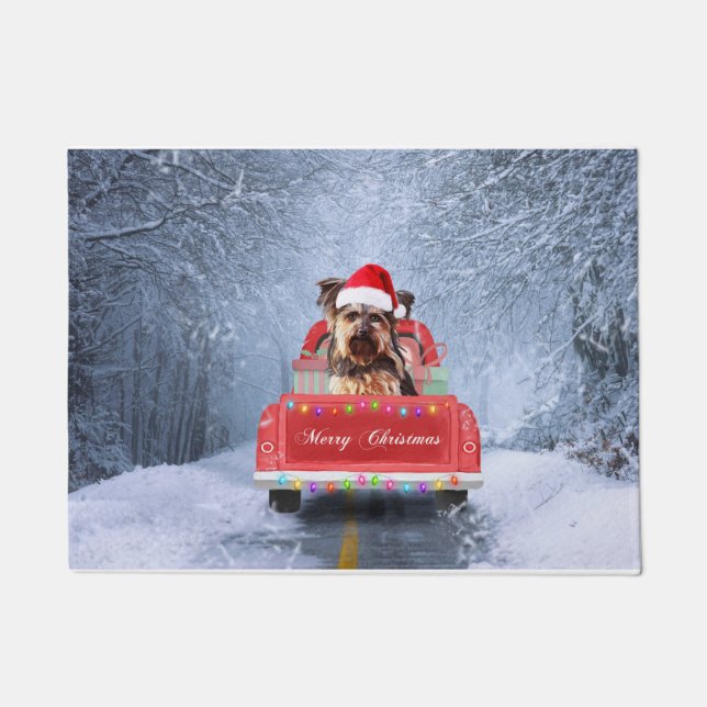  Yorkshire Terrier Dog Snow sitting in Christmas  Doormat (Front)
