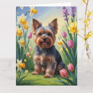 Yorkshire Terrier Dog Spring Flowers Painting  Card