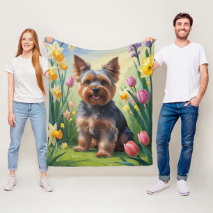 Yorkshire Terrier Dog Spring Flowers Painting  Fleece Blanket