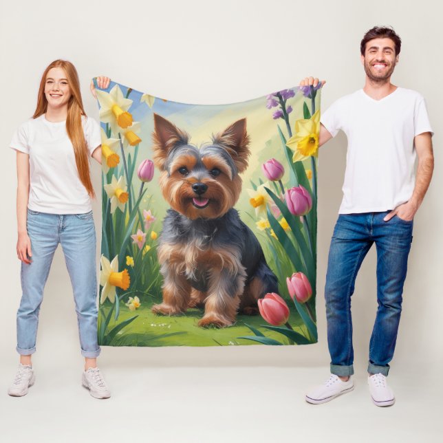Yorkshire Terrier Dog Spring Flowers Painting  Fleece Blanket (In Situ)