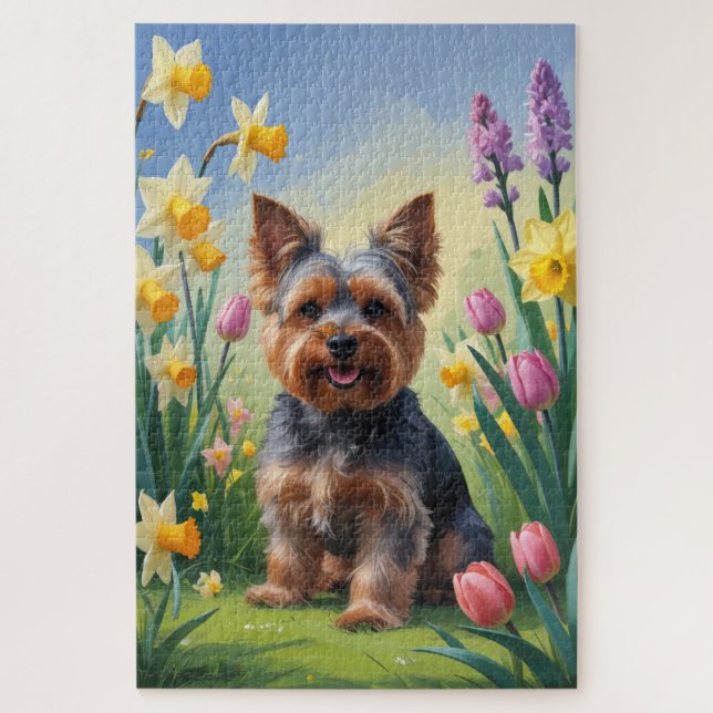 Yorkshire Terrier Dog Spring Flowers Painting  Jigsaw Puzzle (Vertical)
