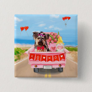 Yorkshire Terrier Dog Valentine's Day Truck Hearts 2 Inch Square Button