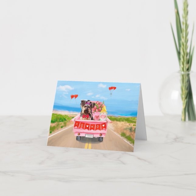 Yorkshire Terrier Dog Valentine's Day Truck Hearts Card (Front)