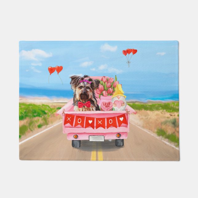 Yorkshire Terrier Dog Valentine's Day Truck Hearts Doormat (Front)