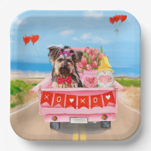 Yorkshire Terrier Dog Valentine's Day Truck Hearts Paper Plate