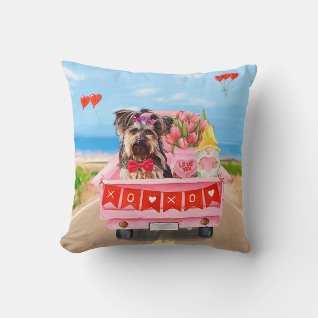 Yorkshire Terrier Dog Valentine's Day Truck Hearts Throw Pillow (Front)