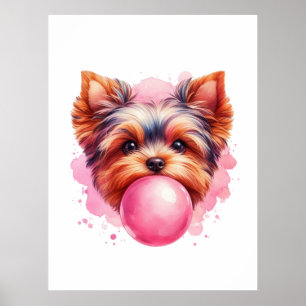 Yorkshire Terrier Dog w Pink Bubblegum Watercolor Poster