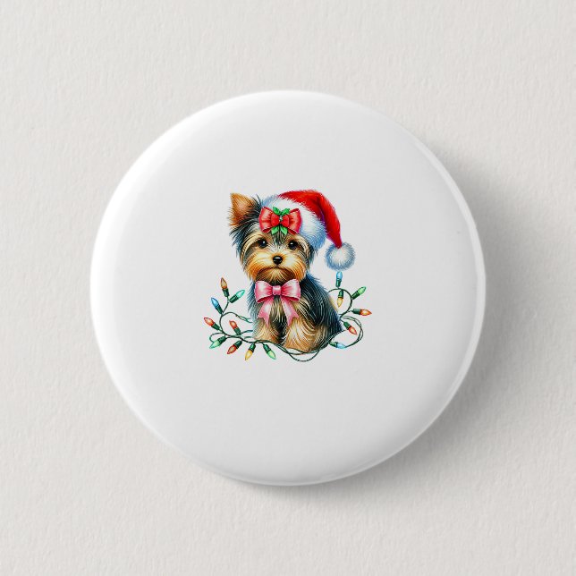 Yorkshire Terrier Dog With Coquette Bow Christmas  2 Inch Round Button (Front)