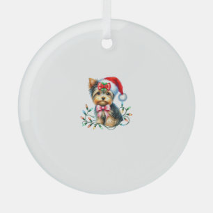Yorkshire Terrier Dog With Coquette Bow Christmas Glass Ornament