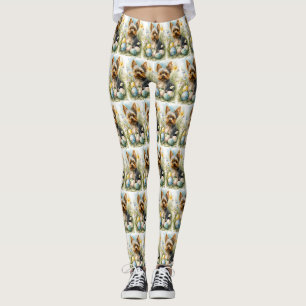 Yorkshire Terrier Dog With Easter Eggs Holiday Leggings
