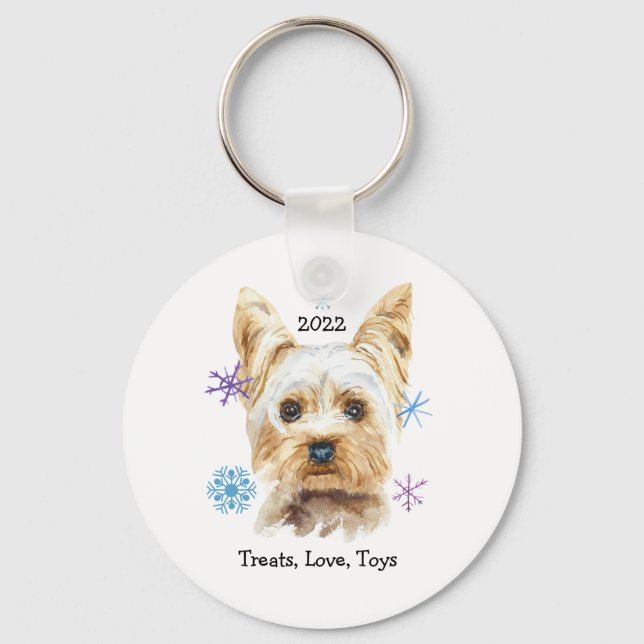 Yorkshire Terrier Dog with Snowflakes Watercolor Keychain (Front)