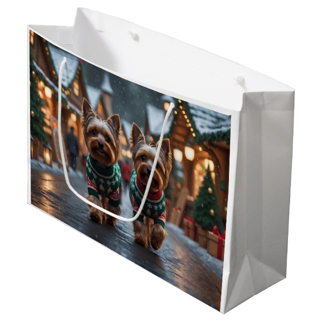 Yorkshire Terrier Dogs Christmas Snow Holiday  Large Gift Bag (Front Angled)