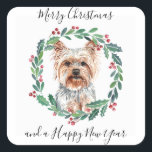 Yorkshire Terrier Elegant Dog Merry Christmas Square Sticker<br><div class="desc">Add the finishing touch to your holiday cards, gifts wrapping or party this holiday season with this elegant Merry Christmas yorkshire terrier in a wreath design christmas stickers, and matching decor. This yorkie holiday stickers features a watercolor dog in a green and red wreath with holly and berries. This yorkshire...</div>
