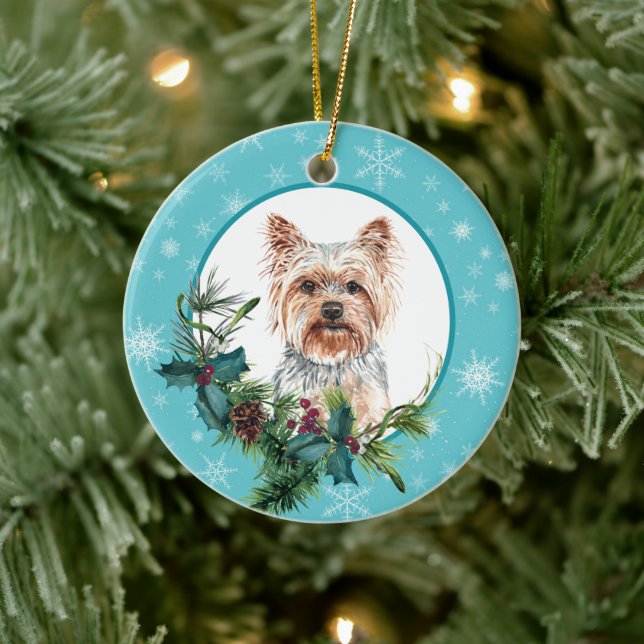 Yorkshire Terrier Evergreen Blue Snowflake Border Ceramic Ornament (Tree)