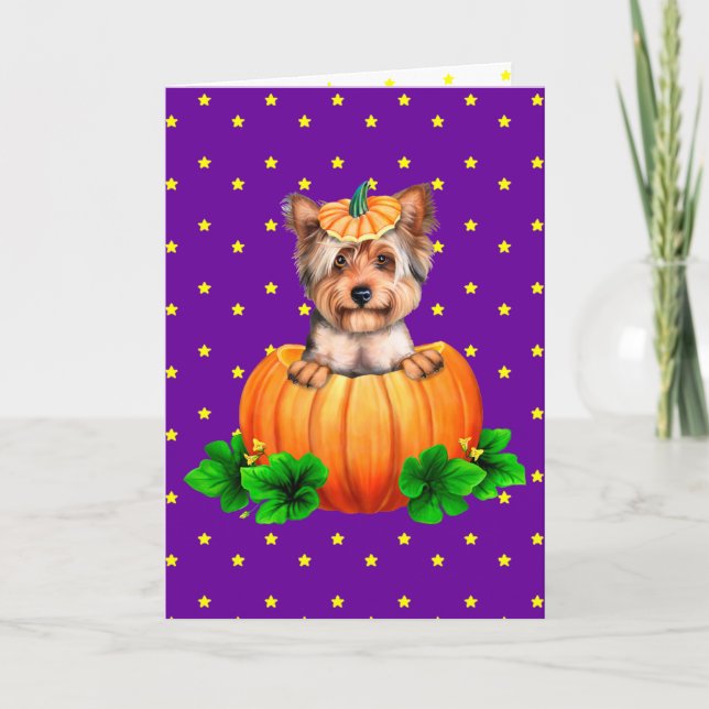 Yorkshire Terrier Halloween Jack-O-Lantern Card (Front)