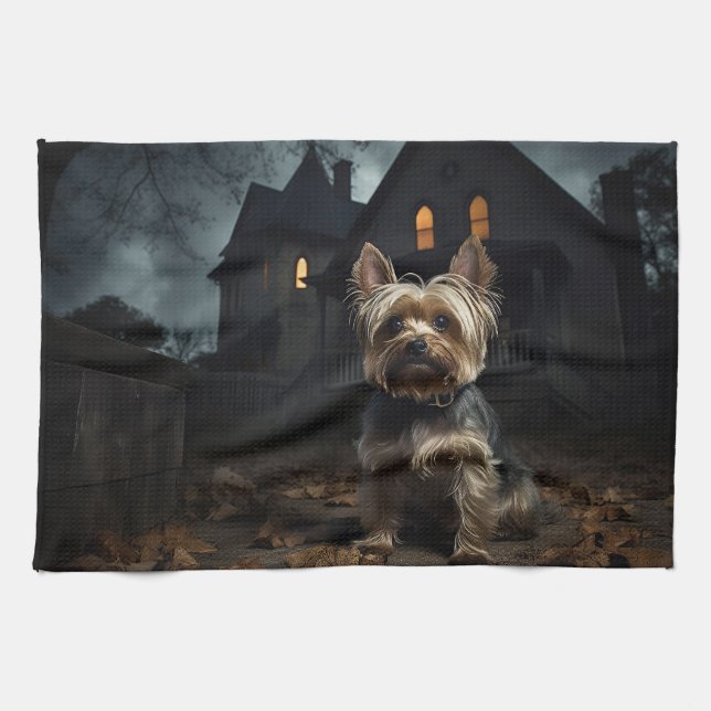 Yorkshire Terrier Halloween Scary  Kitchen Towel (Horizontal)
