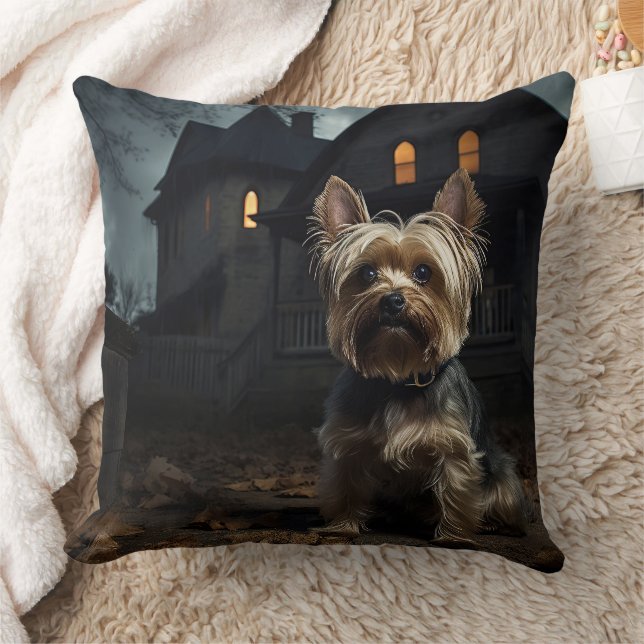 Yorkshire Terrier Halloween Scary  Throw Pillow (Blanket)