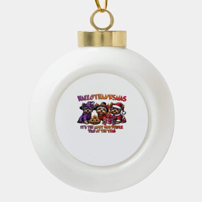 Yorkshire Terrier Halloween Thanksgiving Christmas Ceramic Ball Christmas Ornament (Front)