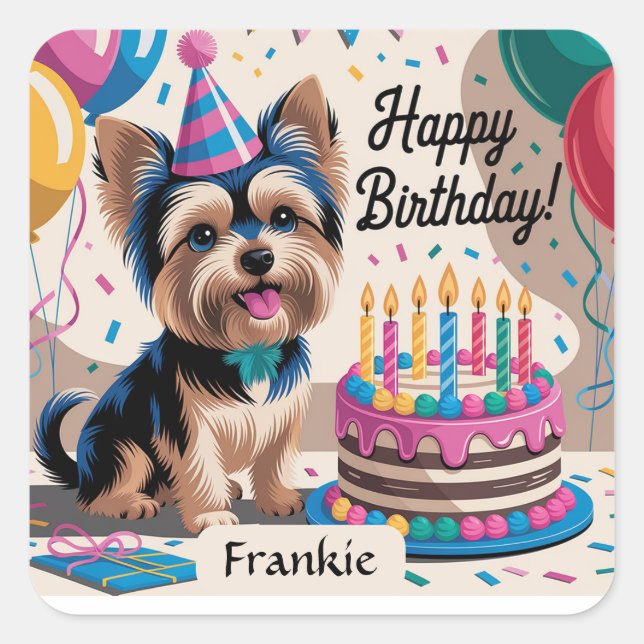 Yorkshire Terrier Happy Birthday Square Sticker (Front)