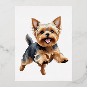 Yorkshire Terrier Happy Playful Fun Jumping Joyful Foil Holiday Postcard