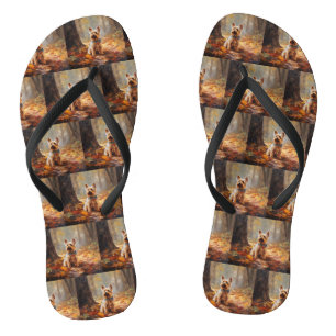 Yorkshire Terrier in Autumn Leaves Fall Inspire  Flip Flops