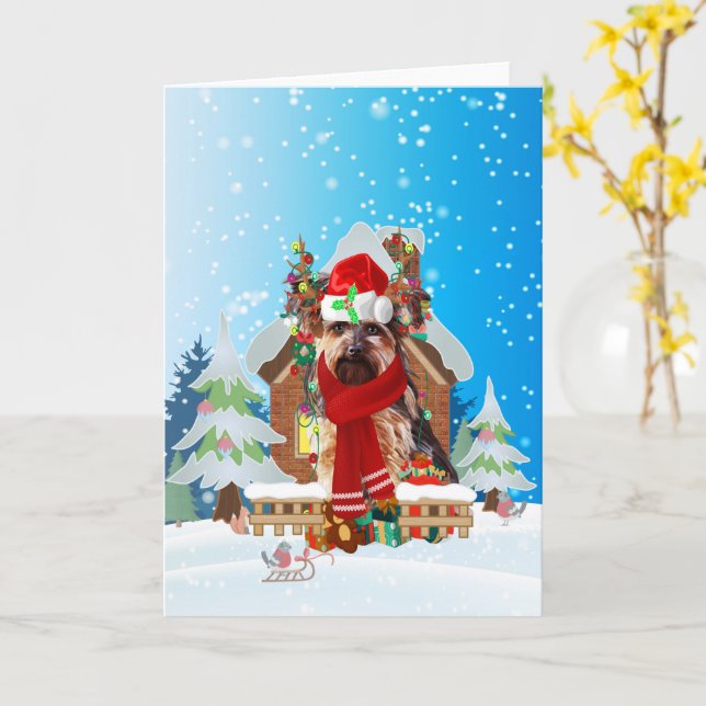 Yorkshire Terrier in snow with Christmas gifts Card (Yellow Flower)